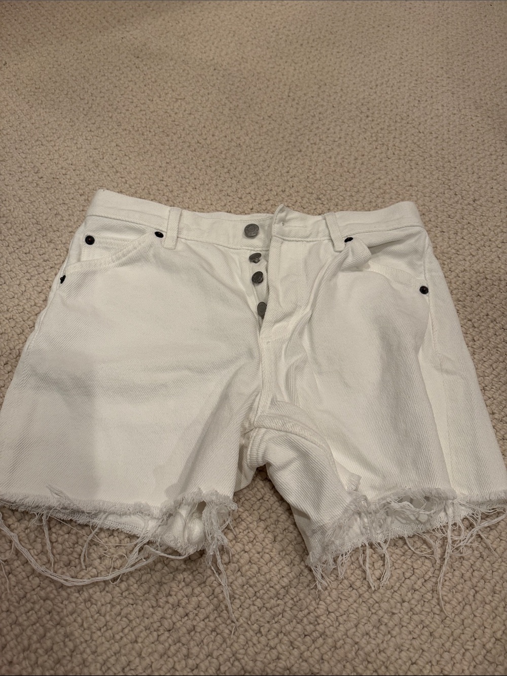 White Frayed Hem Denim Shorts - Women's Button-Front Jean Shorts